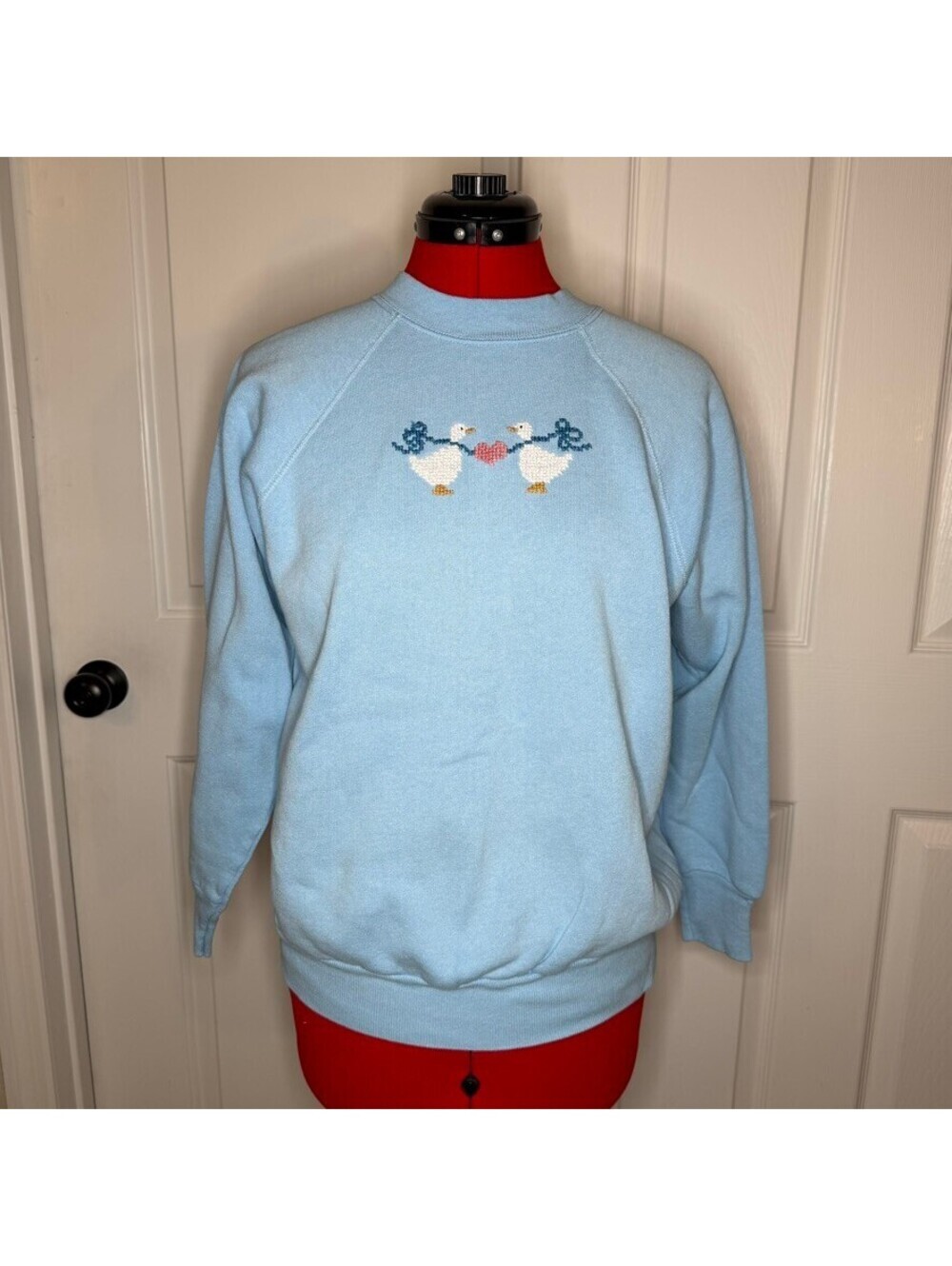 Vintage Light Blue Handmade Duck Heart Cross Stitch Crewneck Sweatshirt Women S